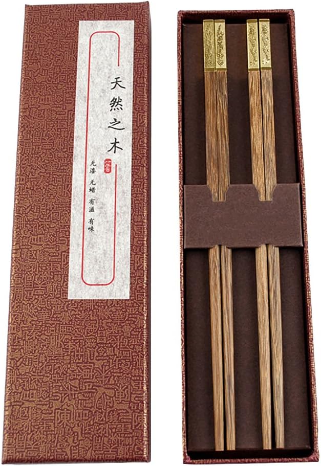 Udyr High Grade Natural Wenge Wood Chopsticks Golden Dragon and Phoenix Head Without Paint Wax and Oil, 2 pairs (box color random)