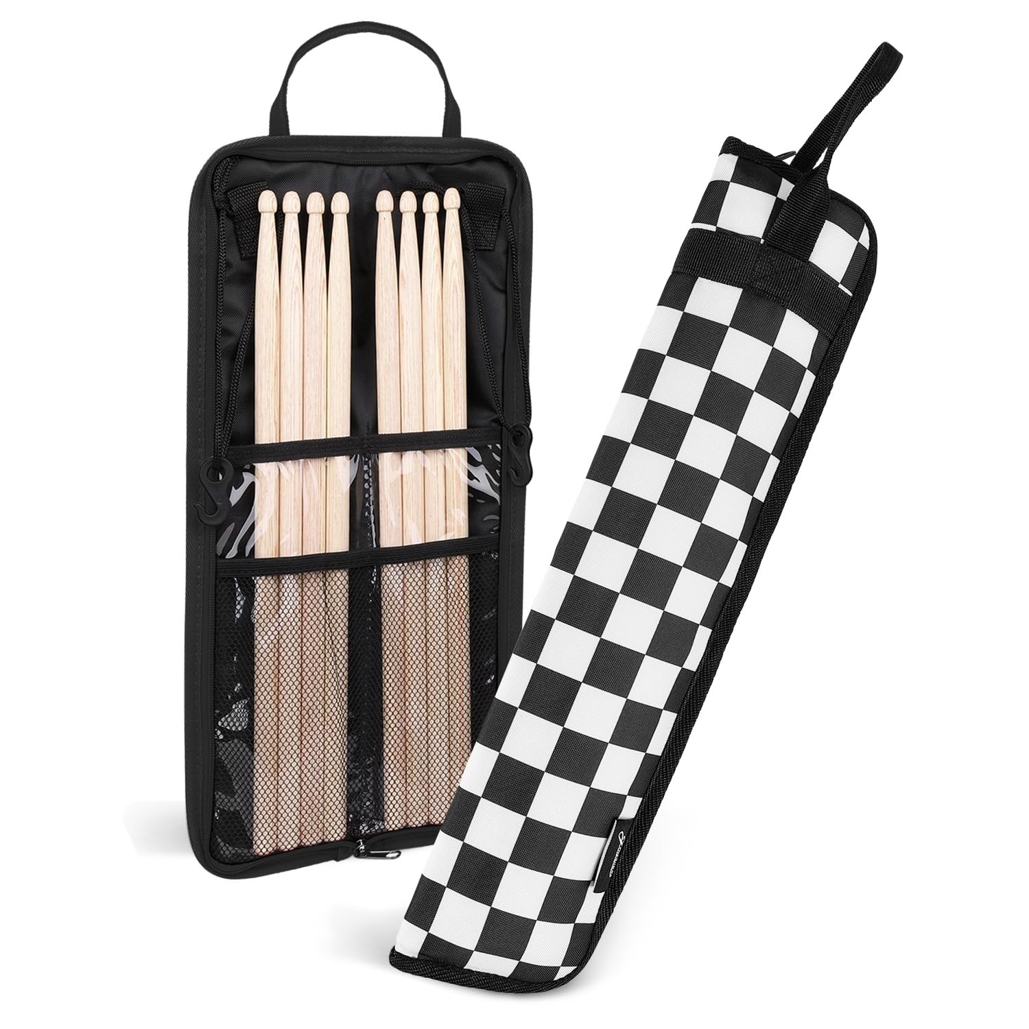 Flexzion Drum Stick Bag - Percussion Music Accessories Case with Hook, Card Holder, Adjustable Shoulder Strap & Carrying Handle - 4 Pairs Kid Drum Sticks Holder - Water-Resistant Fabric, Checkered