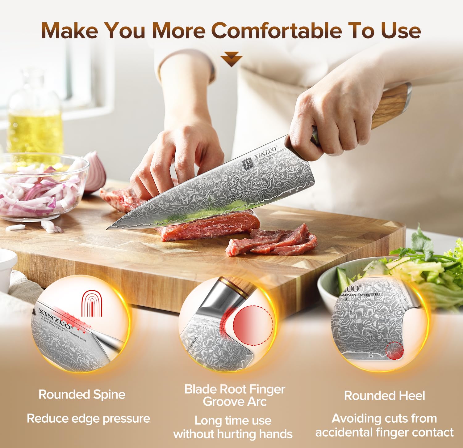 XINZUO 21.2cm Kochmesser 73 Schichten Damastpulverstahl, profi Chefmesser Gyuto-Messer, handgeschmiedet scharfe Klinge Küchenmesser-mit ergonomischer Olivenholz Griff - Lan Series 3
