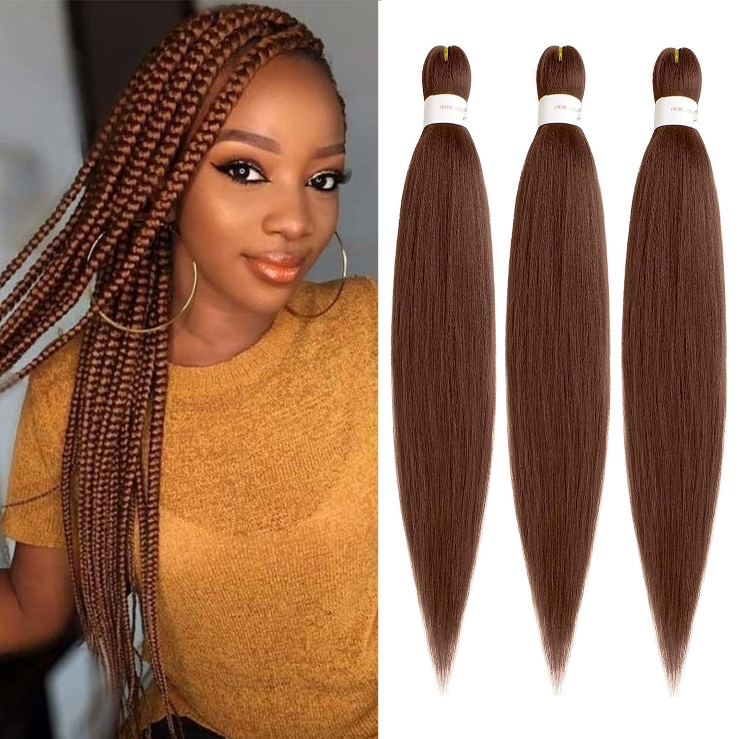 Mscat 26 Inch 3 Packs Pre Stretched Braiding Hair Brown Pre Stretched Braiding Professional Synthetic Prestretched Crochet Braids Hair Extension Hot Water Setting Yaki Texture (30#)