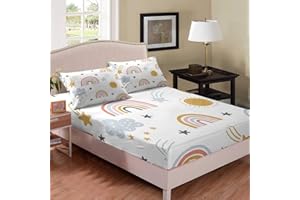 Erosebridal Girls Rainbow Fitted Sheet Sun and Stars Sheet Set Twin Size for Kids Boys Children Cartoon Cloud Bedding Set Girly Soft Microfiber Bed Sheet Home Decor with 1 Pillow Case(No Flat Sheet)