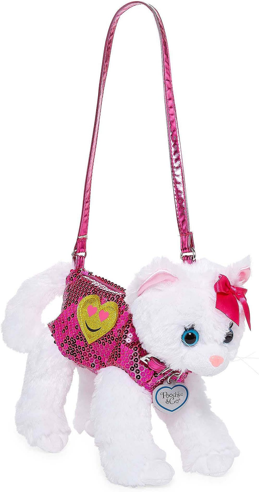 Poochie White Cat Plush Purse with Emoji Heart Applique, Pink