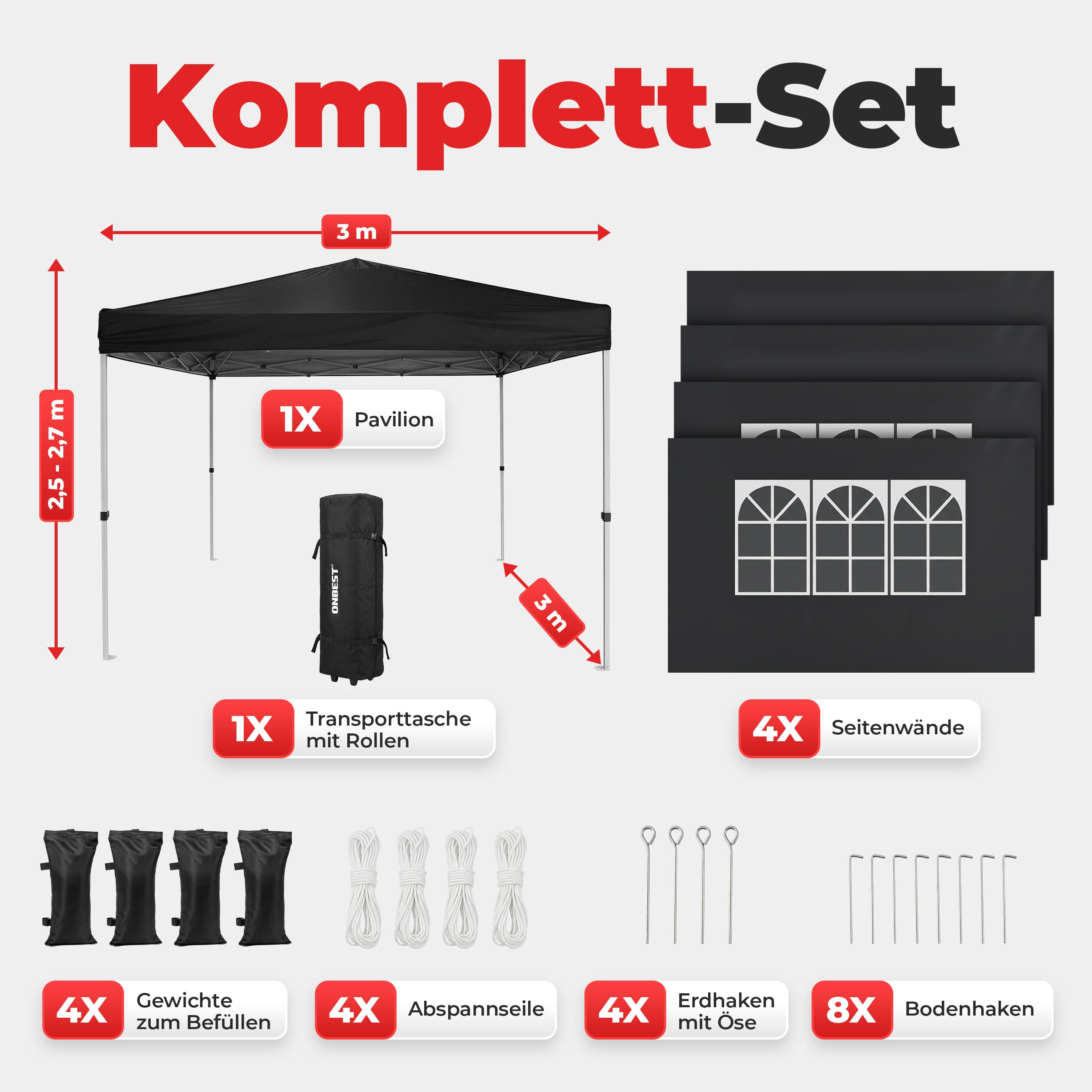 ONBEST Faltpavillon 3x3m Pop Up Pavillon mit Sandsäcken – Patentierte expressaufbau Funktion - wasserabweisend & stabil - Metall Partyzelt mit Seitenwänden für Garten, Terrasse & Outdoor (Schwarz) 4