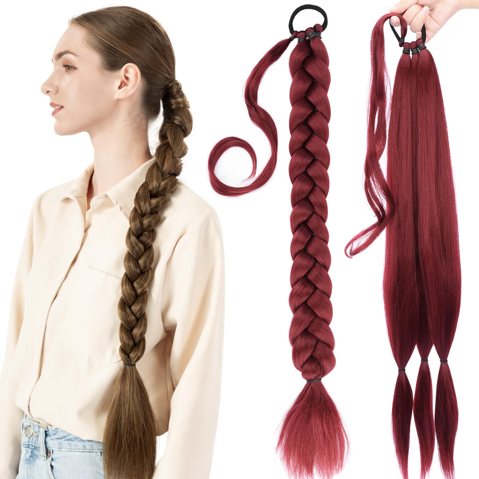 BOBIYA Long Braided Ponytail Extension 30 Inch Pre stretched Braiding Hair Extensions DIY Braid Ponytail Natural Soft Ponytails (Bug)