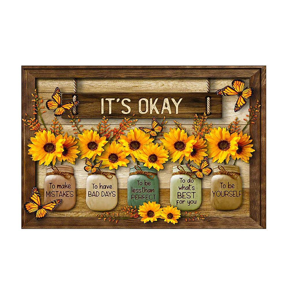 Uposao It's Okay To Make Mistakes Poster Butterfly And Sunflower Canvas Mason Jar Print Rustic Motivational Wall Decor Farmhouse Wall Decor Painting Canvas Prints Abstract Artwork Bathroom Unframed