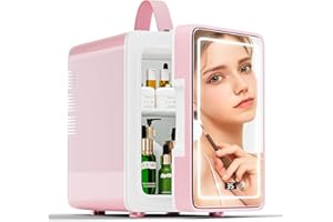 BOGDA 4L Mini Skincare Fridge with Dimmable LED Light Mirror, Cooler and Warmer Temperature Control Digital Display, Portable Cosmetic Refrigerator for Makeup, Skin Care, Bedroom Office Car, Pink