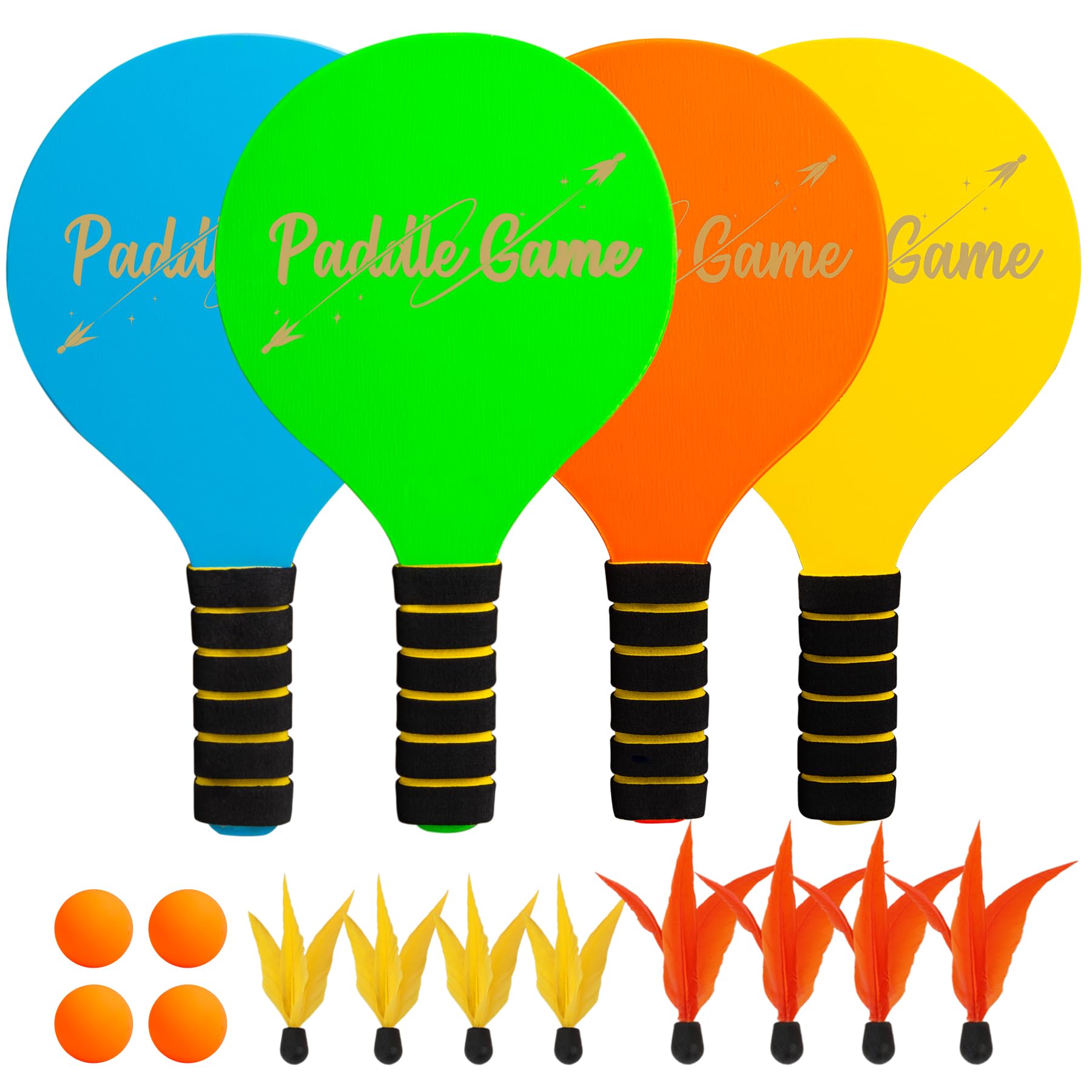 INPODAK Beach Bat and Ball Set, Wooden Paddle Ball for Swimming Pool, Kids Beach Ball Racket Set- 4 Paddles 8 Birdies 4 Balls, Garden Beach Game Toys for Family Boy Girls