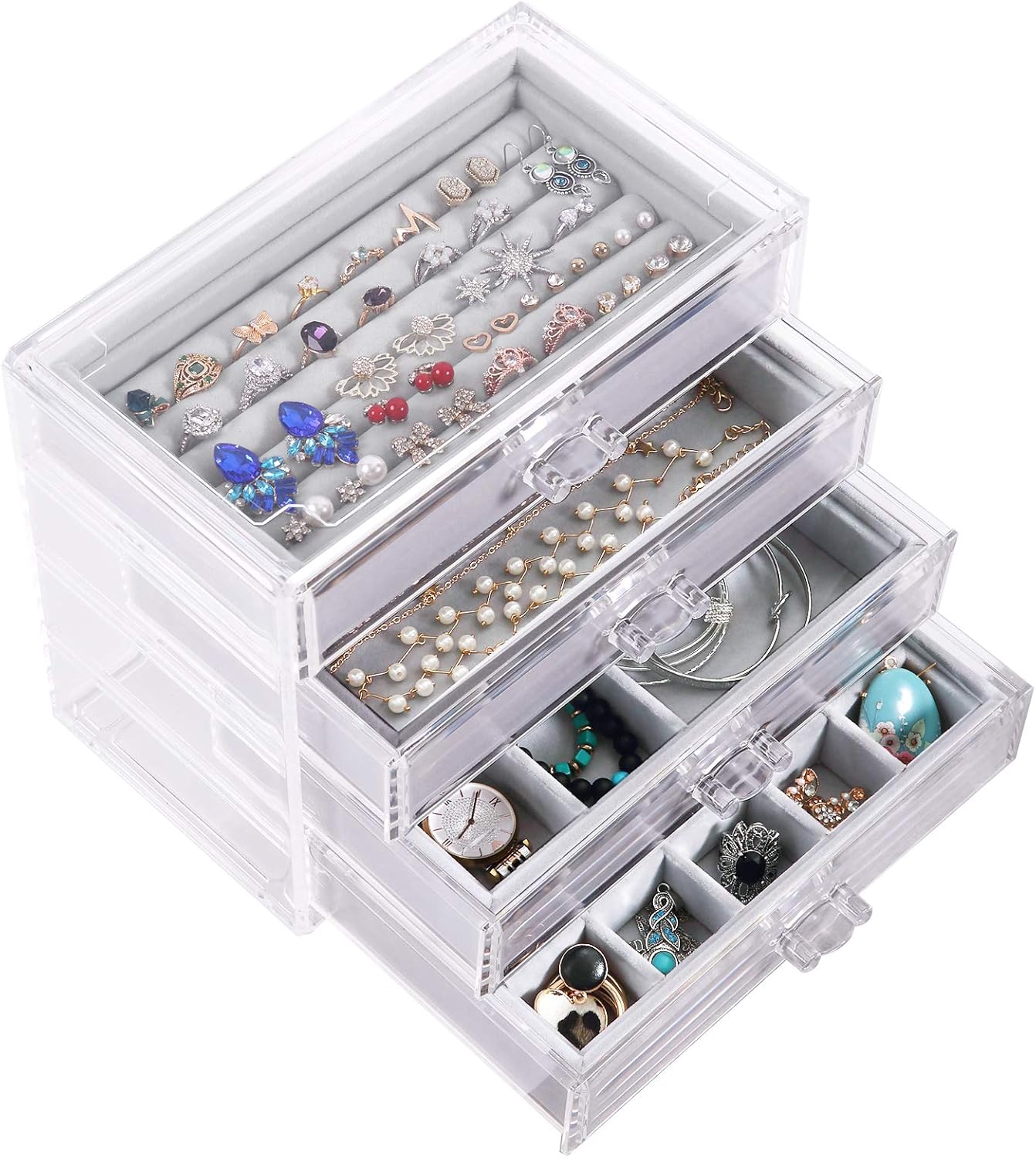 DIJA Acrylic Jewelry Box with 4 Drawers, Velvet Jewelry Organizer for Earring Bangle Bracelet Necklace Rings Clear Acrylic Jewelry Display case, Gray: Home Improvement