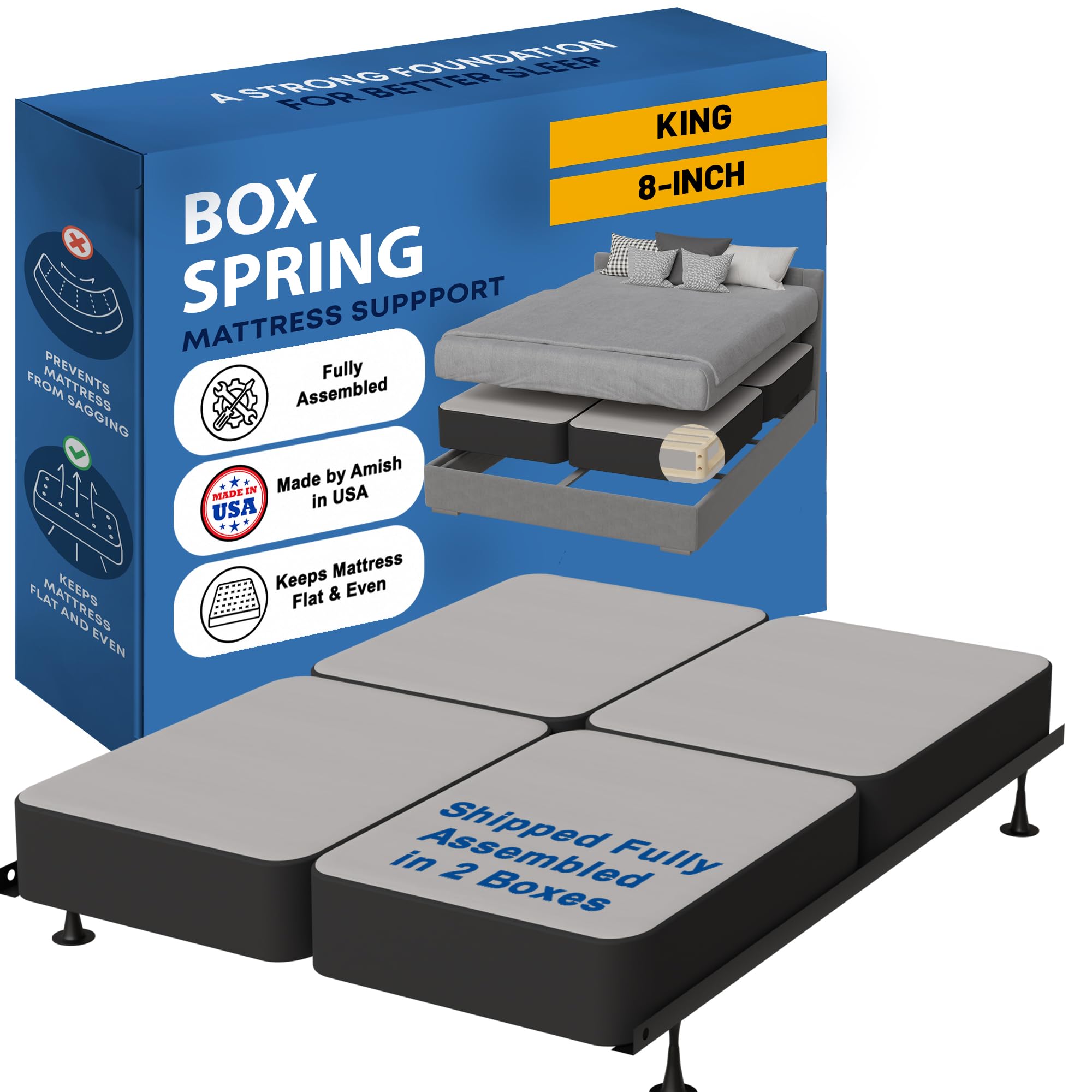 Photo 1 of **MISSING HALF***
Greaton, Box Spring Bed Base King Size, 8-Inch Wood Mattress Foundation – Amish Made in USA – Quiet Noise Free, 4-Pieces Under Mattress-Support BoxSpring, Fully Assembled, Gray