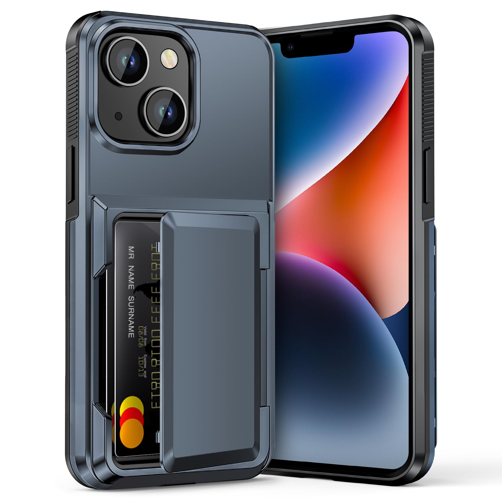 Vofolen for iPhone 14 Case Wallet with Card Holder [Max 5 Cards] Dual Layer Heavy Duty Shockproof Drop Protection Hidden Flip ID Slot Phone Cover for Men Women, 6.1 Inch Navy