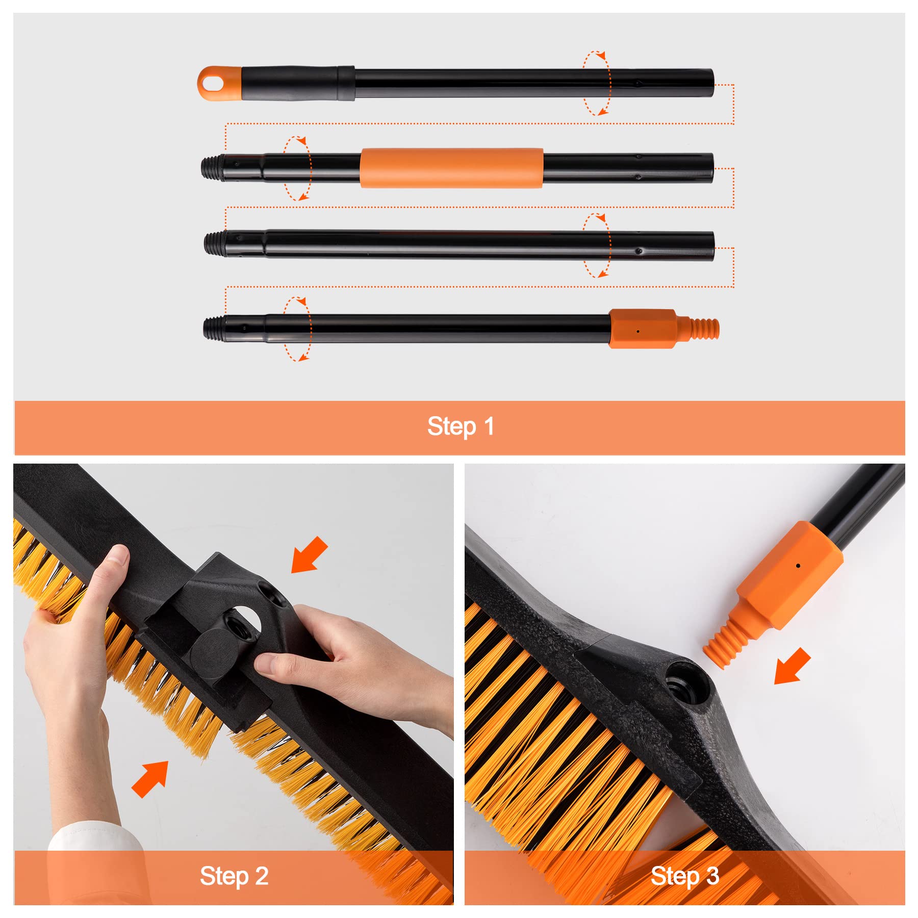 24”Push Broom Brush for Floor Cleaning with 65” Long Handle and Stiff Bristles, Heavy Duty Brush for Shop, Deck, Garage, Concrete,Indoor and Outdoor Broom,Orange