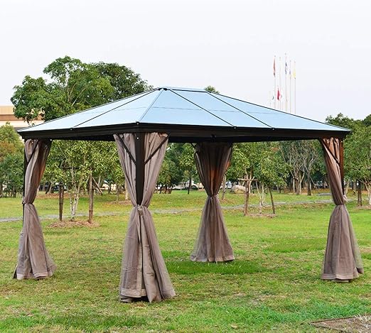 3 6x3m Permanent Gazebo With Curtains Solid Smoked Polycarbonate