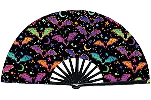 HAGSFIRE Hand Held Rave Fan, Large Folding Hand Rave Fan with Bat Printed, Clack Handheld Fan for Party, Bamboo Holding Hand Fan Large Folding Fan with Bright Color, Folding Fan for Festival, Gifts for Women