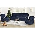Dresegmt Recliner Sofa Set with Storage Console, Flip Middle Backrest Design 3 Seater Reclining Sofa and 2PC Single Recliner Chair, Manual Couches for Living Room (Blue, 3 Seat+Console+1+1)