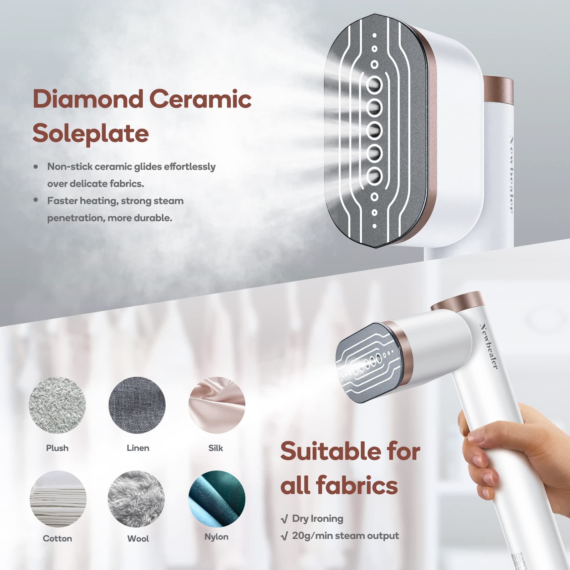 Newbealer Steam Iron for Clothes, Horizontal & Vertical Steaming, Dry Ironing with 90° Rotatable Head, 1200W, 15s Heat Up, 302℉ Handheld Clothing Steamer (120V Only)