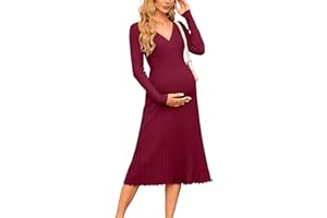 OUGES Women's Fall Maternity Dress for Photoshoot Long Sleeve Wrap V Neck Pleated Baby Shower Sweater Midi Dresses 2025