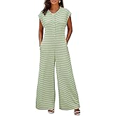 Cicy Bell Womens Casual Striped Jumpsuits Wide Leg Cap Sleeve Summer Jumper Crew Neck Button Down Waffle Knit Outfits