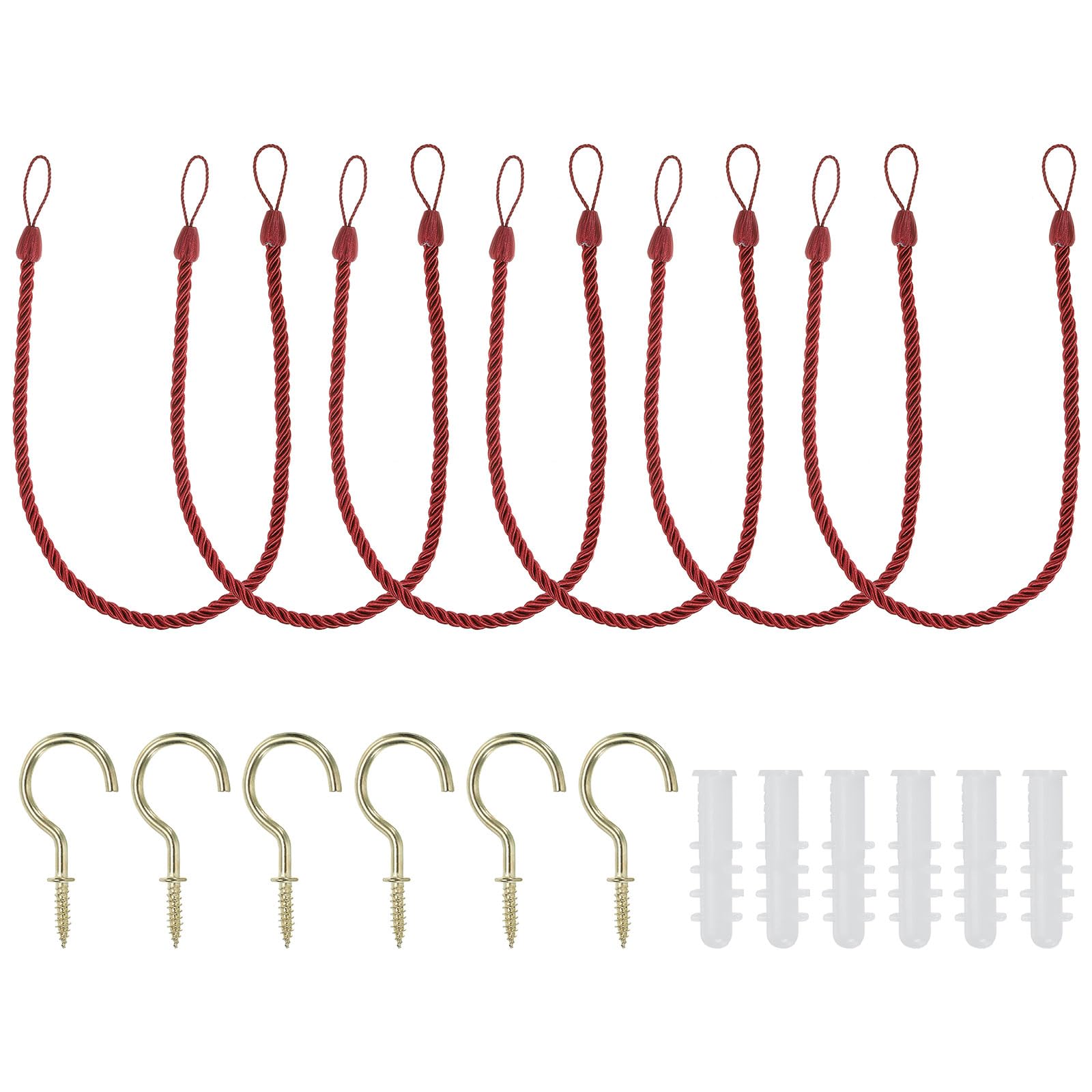 PATIKIL Curtain Tiebacks Ropes, 6 Pack Decorative Tie Backs Braided Curtain Holdback Cord for Home Office Decor, with Screw Hooks & Bolts, Red