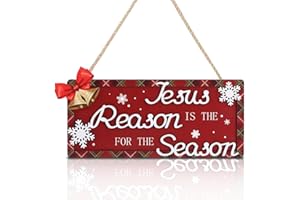 HOURIA Jesus is the Reason for the Season Christmas Sign, 12"x6" Inches Religious Xmas Door Decor with Jingle Bell Snowflakes, Jesus Nativity Wreath Christmas Decorations for Indoor Outdoor