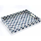 CHI AN HOME 16"x12" Capiz Shell Coastal Decorative Serving Tray, Navy Blue | Capiz Shell Hand-Inlaid, Blue And White Checkered Ottoman Tray For Decor, Nautical Serving Tray With Handles For Coffee Table