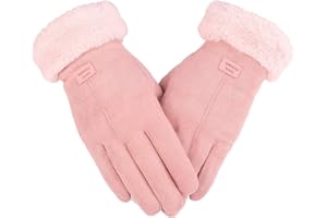 F Flammi Women's Winter Suede Gloves with Fur Cuffs - Soft, Warm, Touchscreen, Fleece Lined