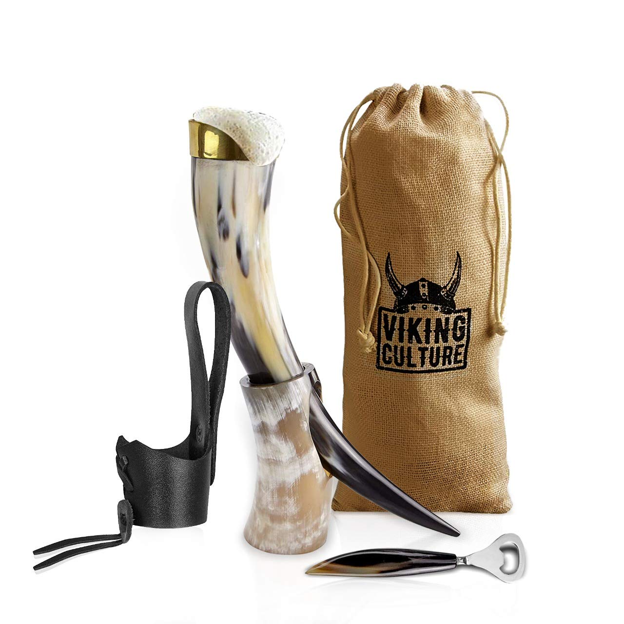 Viking Culture 500 ml. Viking Drinking Horn with Beer Opener, Stand, Genuine Leather Belt Holster and Vintage Burlap Bag, Polished Finished with Authentic Medieval Norse Style