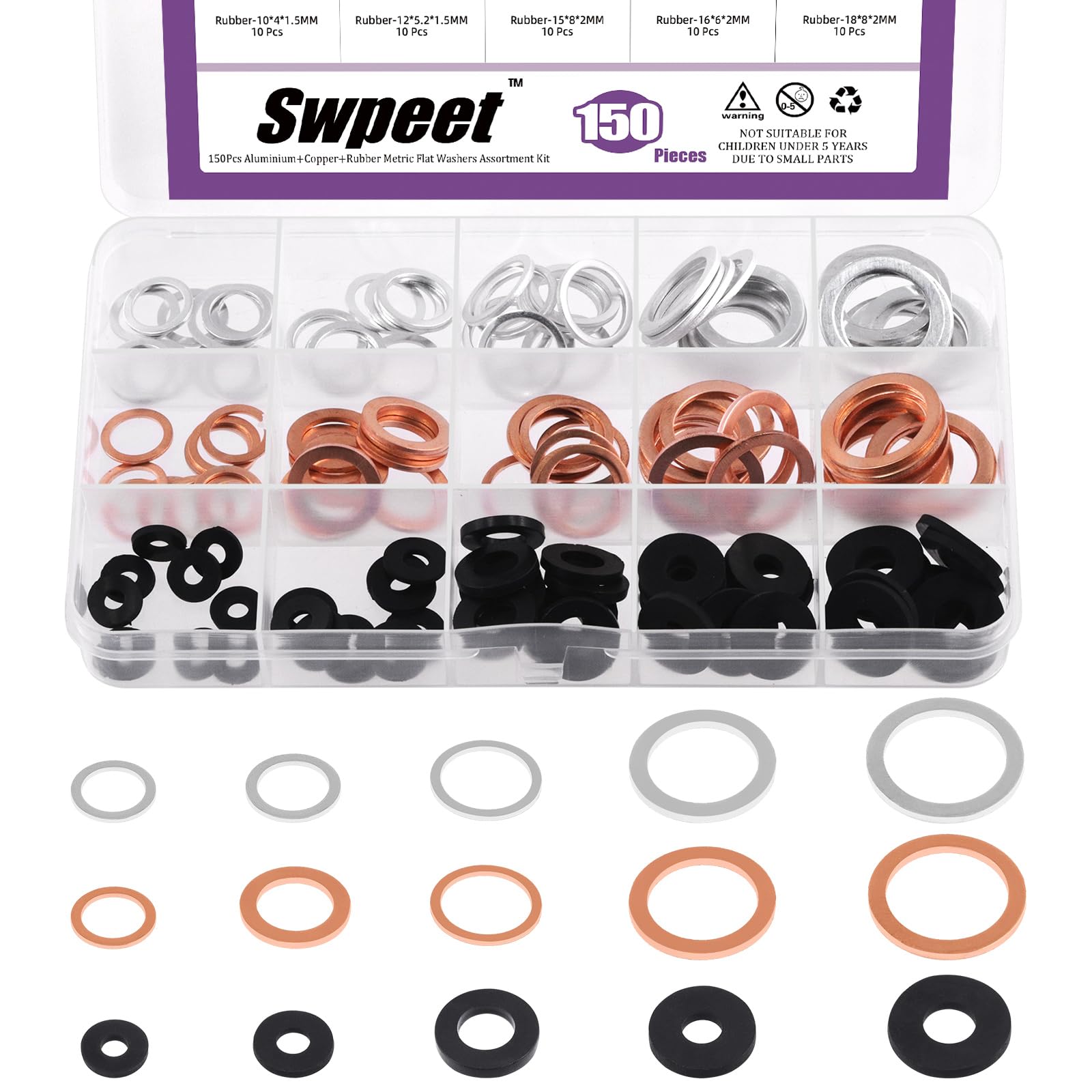 Swpeet 150Pcs 3 Materials Red Copper Aluminum Rubber M10 M12 M14 M16 M18 Oil Drain Plug Gasket Flat Washers Crush Washer Gasket Seal Assortment Kit, Rubber Vibration Damping Pads Sealing Washers