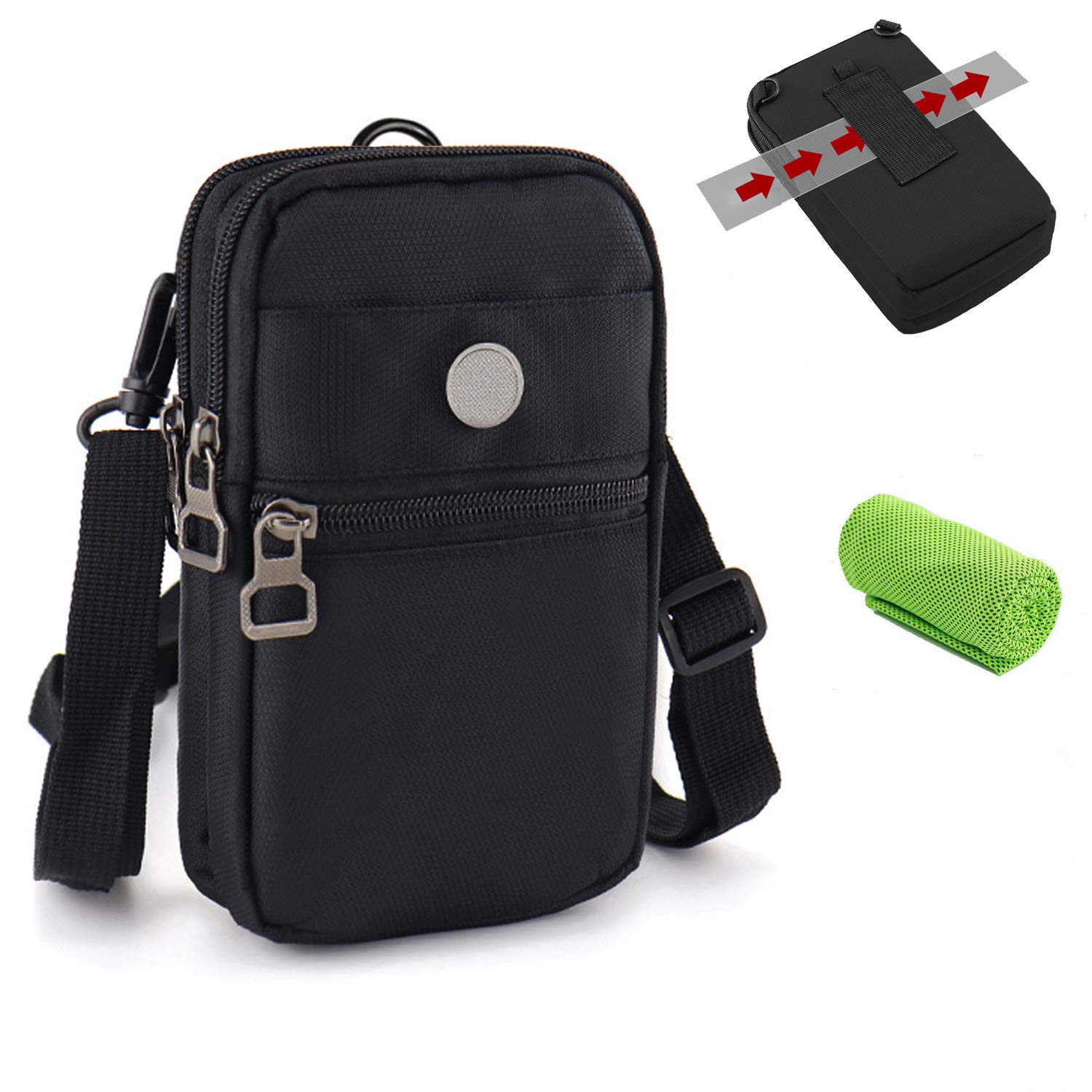 Phone Pouch Bag Waist Pack Zipper Waterproof Belt Sports Travel Men and Women Crossbody Shoulder Nylon Small Tool Messenger Bags Handbag Purse with Carabiner Hook for Money Passport Cell Mobile Wallet