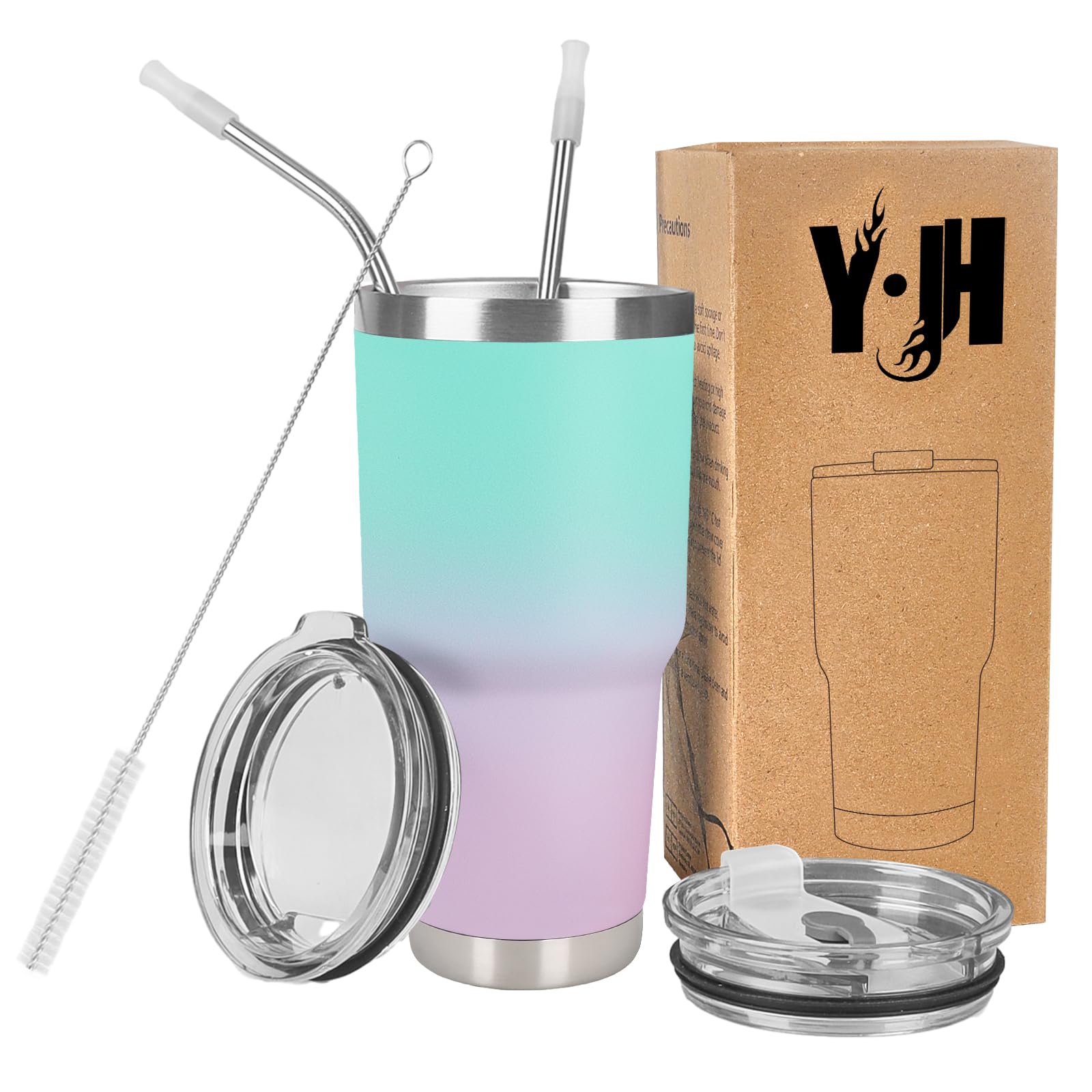 Y·J&H 30oz (850ml) Travel Tumbler Double Wall Vacuum Insulated Coffee Mug Stainless Steel Coffee Cup with 2 Splash Proof Lid, 2 Straws & Free Cleaning Brush, BPA Free - CyanBlue&Violet