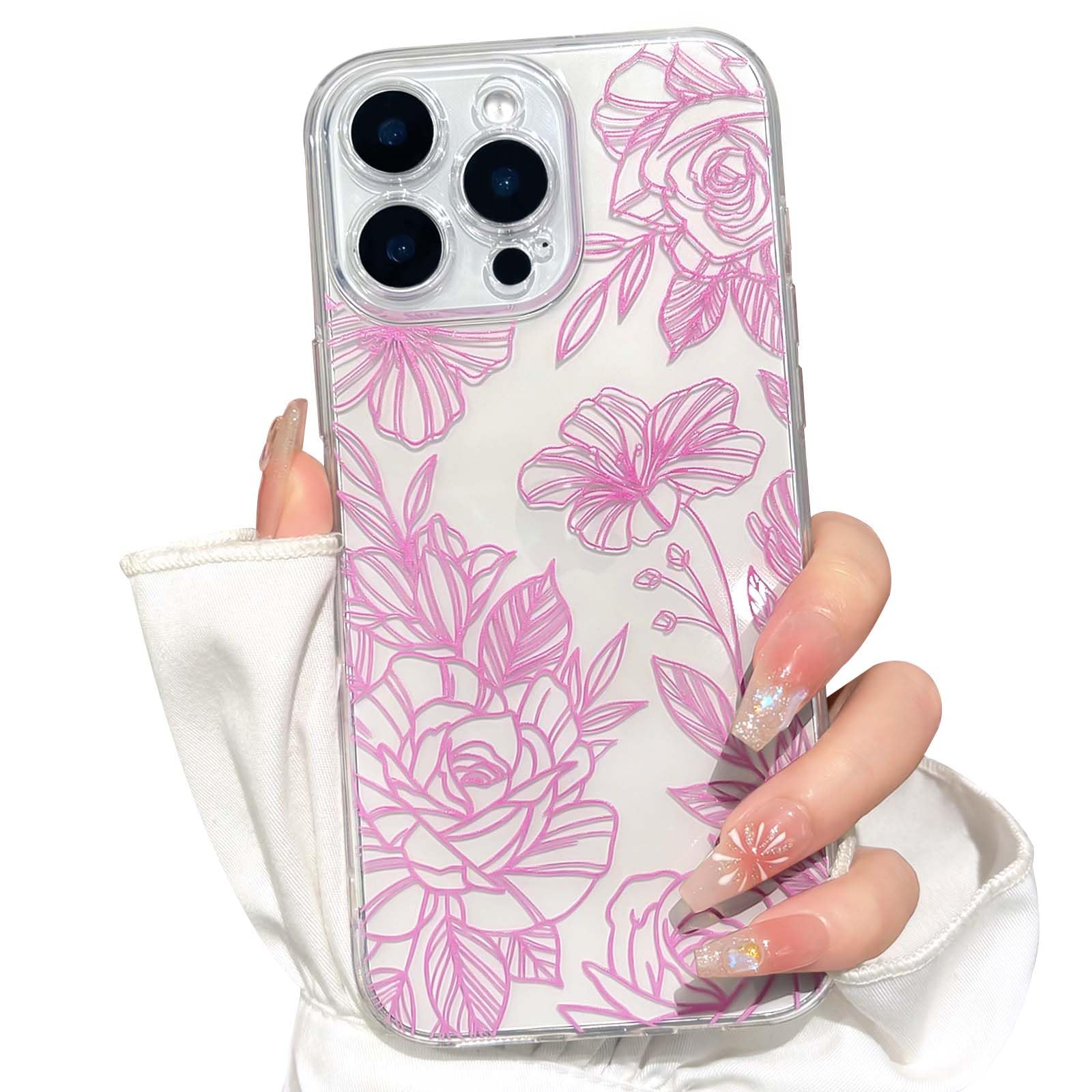 NITITOP Compatible with iPhone 15 Pro Max Case Cute Clear Floral Flower Pattern for Girls Women Soft TPU Full Camera Lens Shockproof Protective Phone Cover - Pink