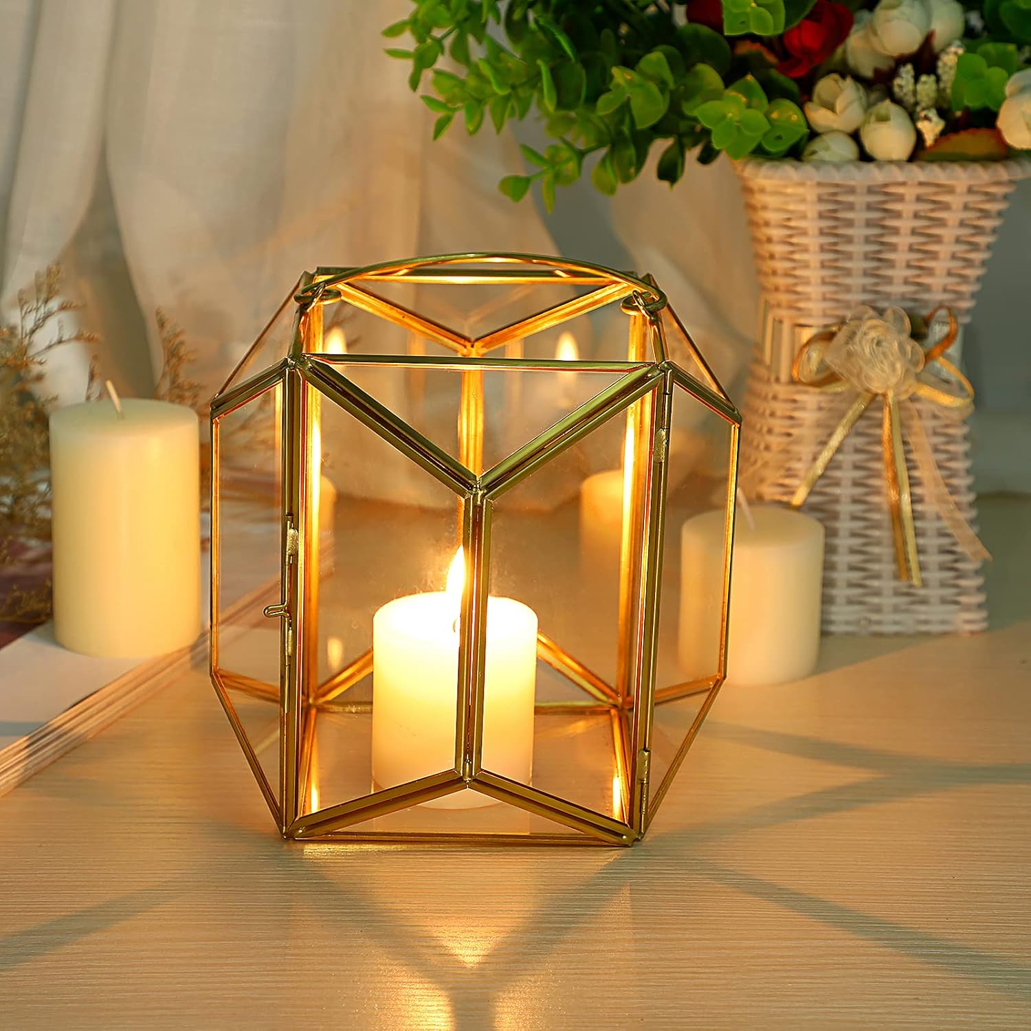 OwnMy Decorative Hurricane Candle Holder Gold Candle Stand Geometric Candle Lantern Metal Pillar Candle Stand with Handle, Glass Terrarium Vase Candlestick Holder for Wedding Table Centerpiece, Medium: Kitchen & Dining