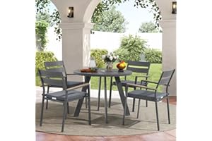 JOIVI 5 Piece Outdoor Dining Set, Patio Furniture Set with Stackable Chairs Set for 4 & Dining Table, All-Weather Frame with 2.05” Umbrella Hole, for Deck, Graden, Dark Gray Finish/Gray Cushion