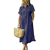 ebossy Women's Boho Striped Shirt Dress Button Up Side Slit Loose Mid Long Cotton Dress with Pockets