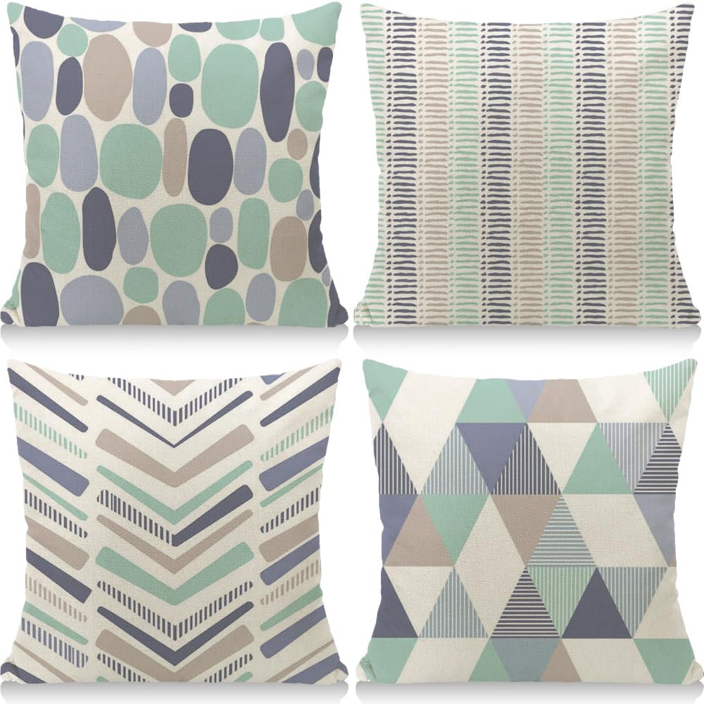 Cirzone Waterproof Cushion Covers 45 x 45 cm Decorative Outdoor Cushion Waterproof Breathable Light Blue Diamond Stripe Geometry Cushion Covers for Sofa Cushions Garden Outdoor Pack of 4