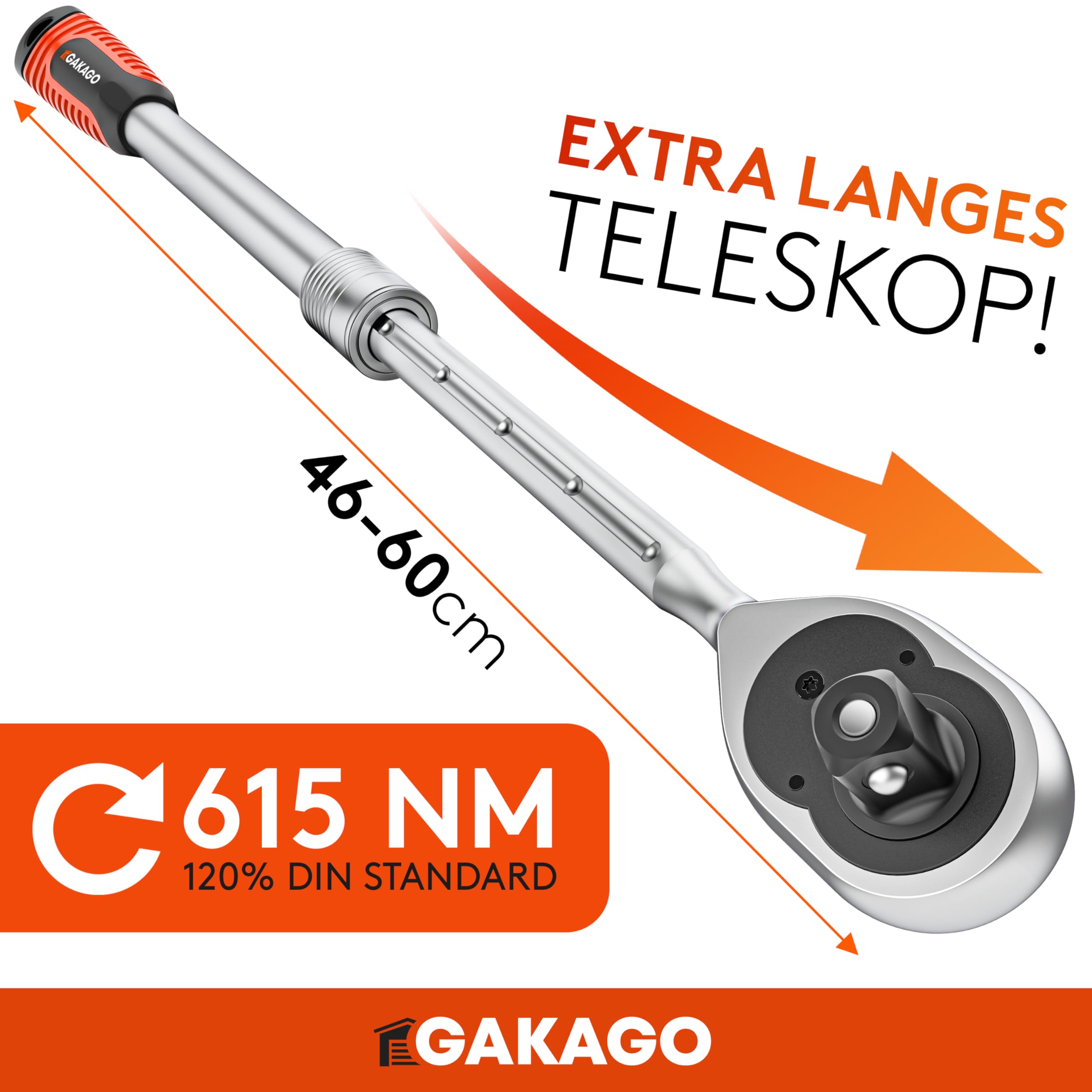 Gakago Teleskop-Ratsche 1/2 Zoll bis zu 60cm - Extra lange umschaltbare Knarre mit ergonomischen Griff - Überlegende Kraft mit über 615 Nm und präzisen 72 Feinzahn Getriebe 3
