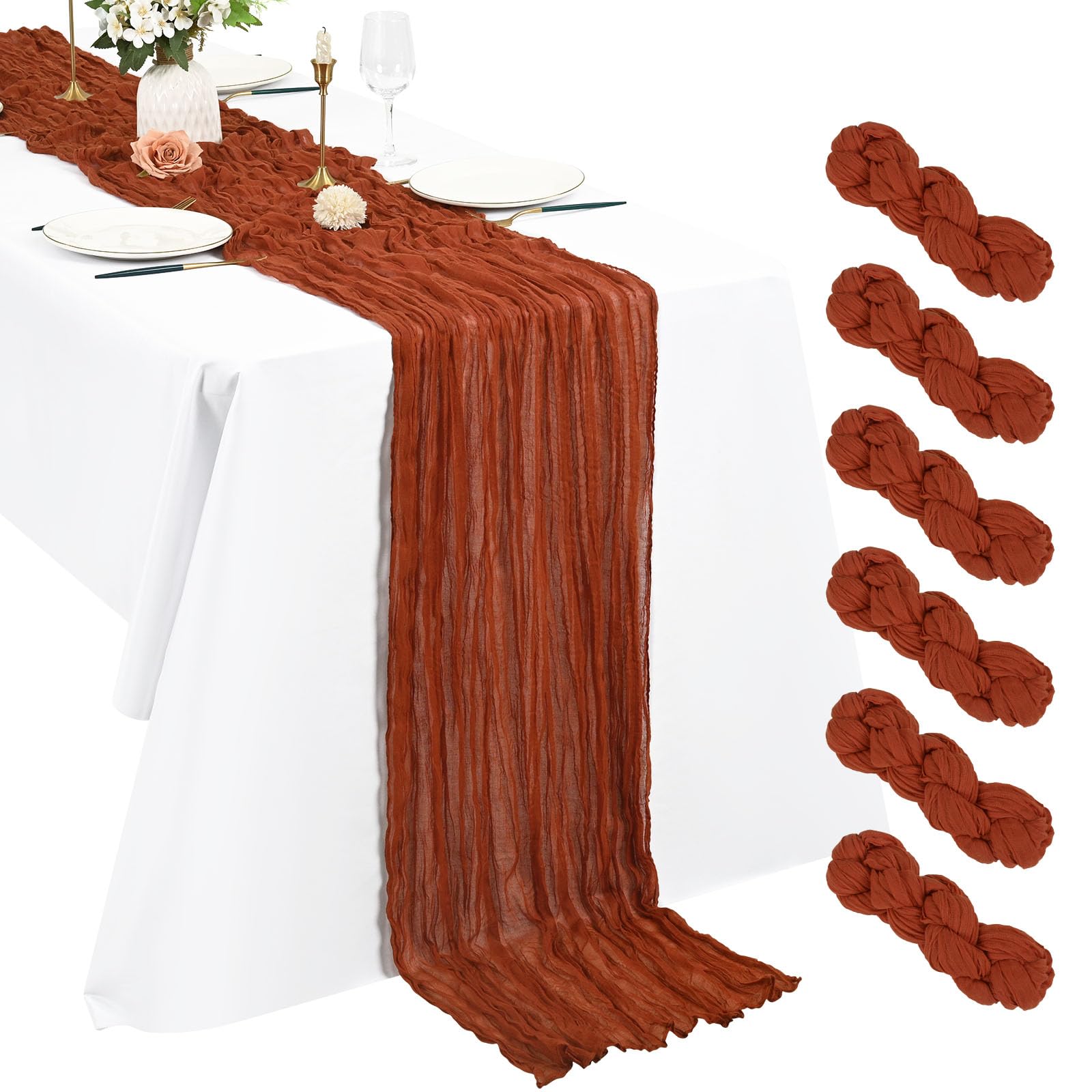Pesonlook 6 Pack Terracotta Cheesecloth Table Runner, 10Ft Boho Gauze Table Runner 21×120 Inch Rustic Romantic Long Table Runner for Wedding Party Bridal Shower Thanksgiving Christmas Decoration
