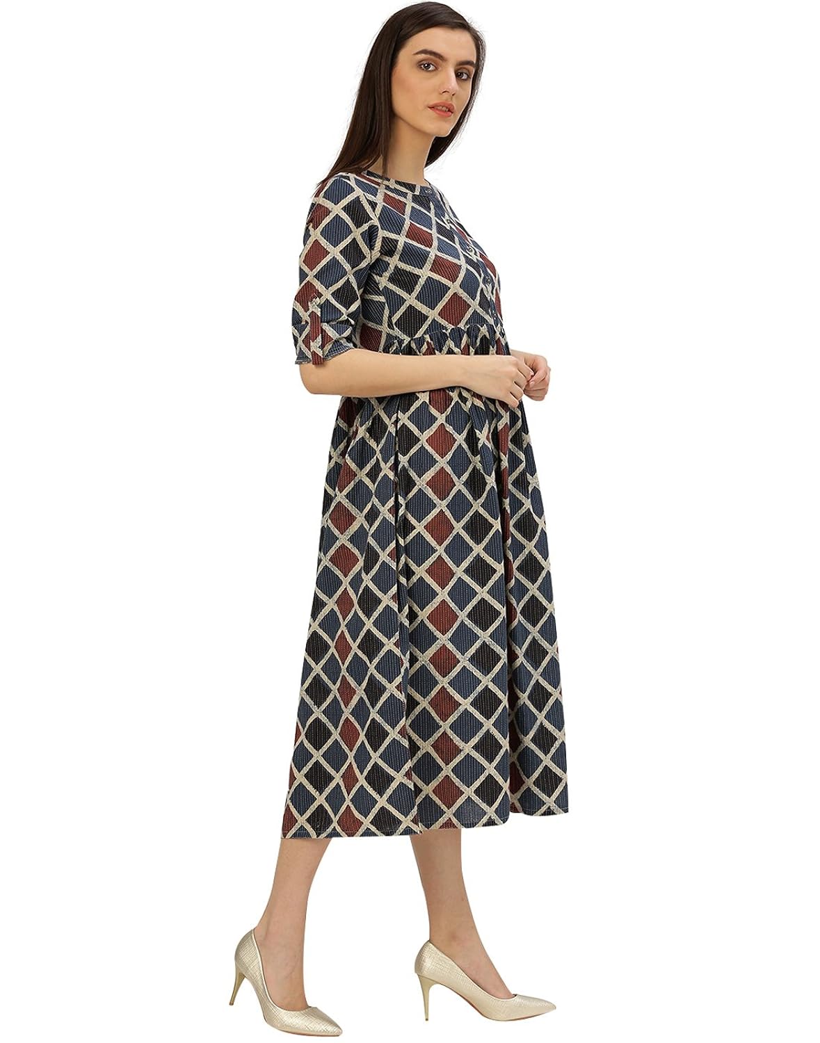 desi fusion women's a-line geometric print cotton kantha dress