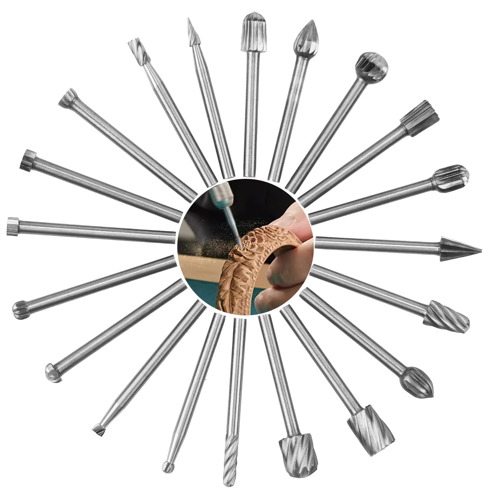 Wood Carving Bits Set for Dremel Rotary Tool - 20Pcs HSS Burrs With 3mm Shank for Woodworking, Engraving, Drilling, Grooving