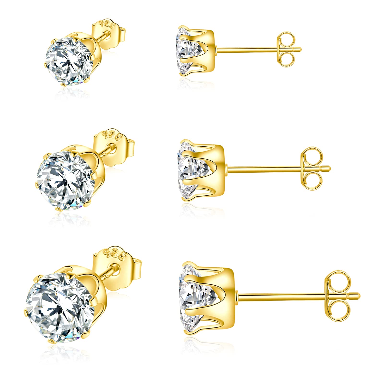 Shuxin Silver Stud Earrings for Women, 925 Sterling Silver Gold Cubic Zirconia Stud Earrings Set, Tiny Small Sleeper Cartilage Studs, Sterling Silver Stud Earrings for Women Men Girls, 3/5 / 7mm