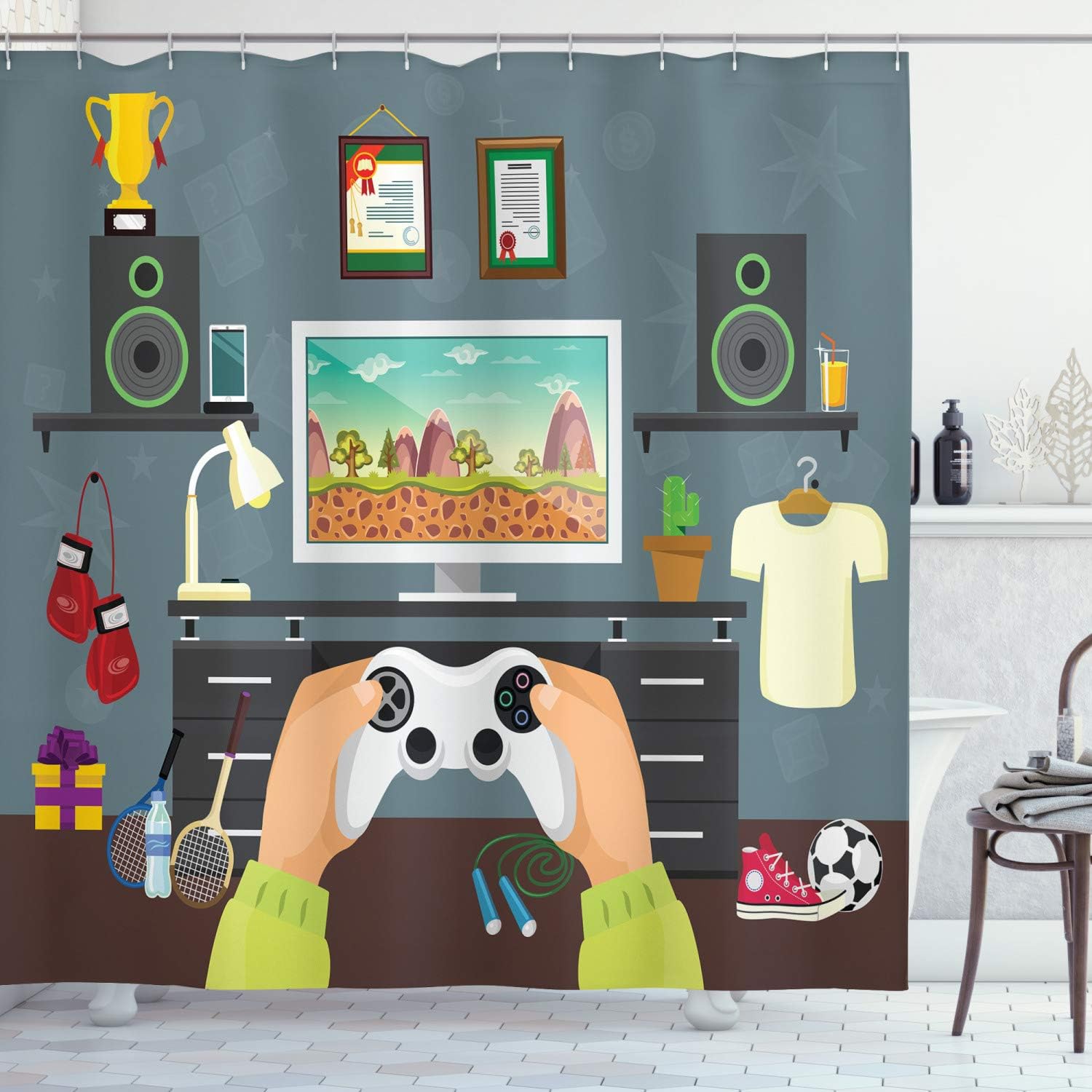 Amazon Com Lunarable Gamer Shower Curtain Gaming Guy In His Flat With Diplomas Loud Speakers Boxing Gloves Jump Rope And Trophy Cloth Fabric Bathroom Decor Set With Hooks 84 Long Extra Multicolor Home