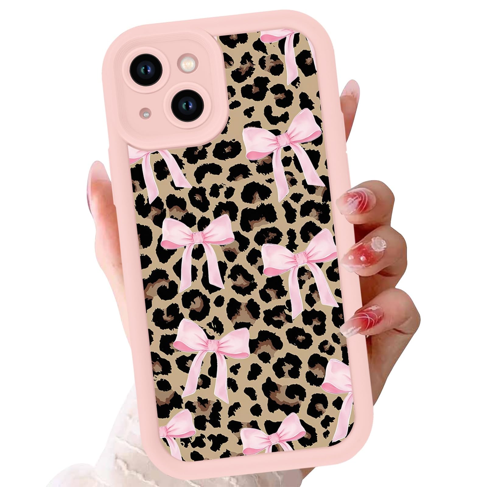 NBCDSUJ Aesthetics Cheetah Leopard Print Pink Bow Phone Case for iPhone 14 Case Raised Camera Protection Soft Silicone Slim TPU Funda Phone Cover for iPhone 14 6.1 Inch