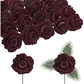 IPOPU 20pcs Burgundy Roses Artificial Velvet Flower Heads Realistic Faux Rose Flowers with Stems in Vase for Wedding Bouquets Bridal Shower Party Home Centerpieces Table Decor (Burgundy)