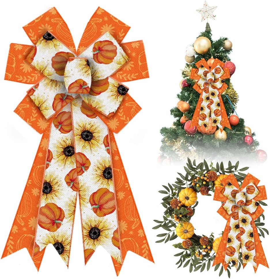 Bows & Ribbons - Estivaux Large Fall Pumpkin Wreath Bows for Front Door, Thanksgiving Flowers Bows Orange White Burlap Bows Autumn Pumpkin Tree Topper Bows for Wreath Fall Thanksgiving Day Decorations