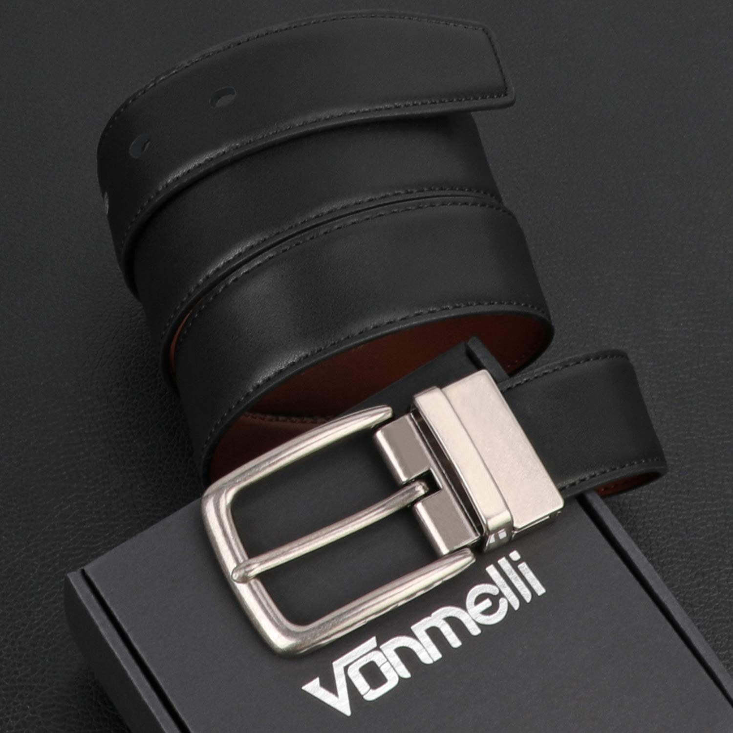 Reversible Leather Belt Casual Dress Belt with Rotated Buckle and Double Sided Strap, Fashion Jeans Belt for Men with Gift Packed