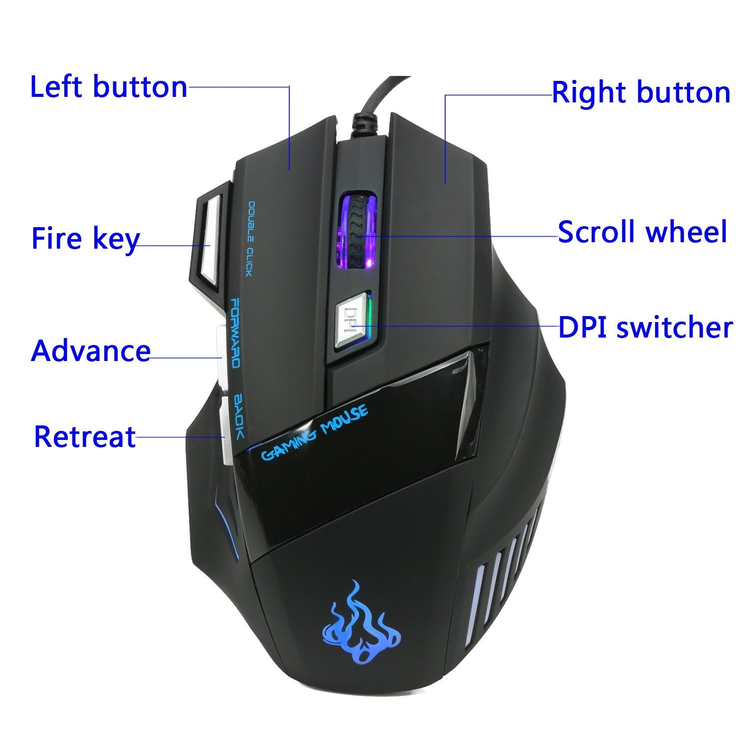 Gaming Maus,Queender USB Wired Maus mit Kabel Einstellbare DPI PC Mouse Hohe Präzision LED Mice für Pro Gamer, PC Windows Macbooks Laptops mit LED Backlight 7 Tasten(Schwarz)