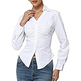 SUNNOW Women's V-Neck Ruched Blouse Long Sleeve Button Down Shirt with Lace Up Tie Back & Cinched Waist for Work Casual