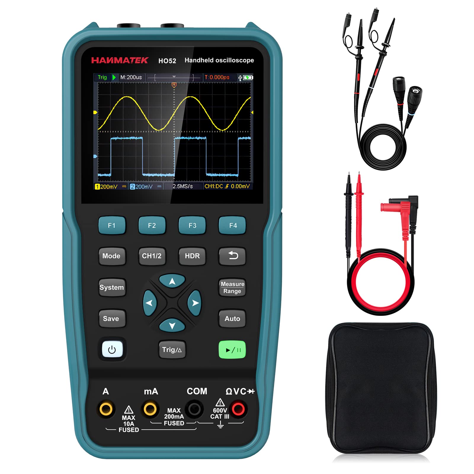 Handheld 2 in 1 Oscilloscope and Multimeter 50Mhz Bandwidth with 2 Channels HO52 3.5"TFT, Backlit Screen, Auto-Calibration Function, Memory Function