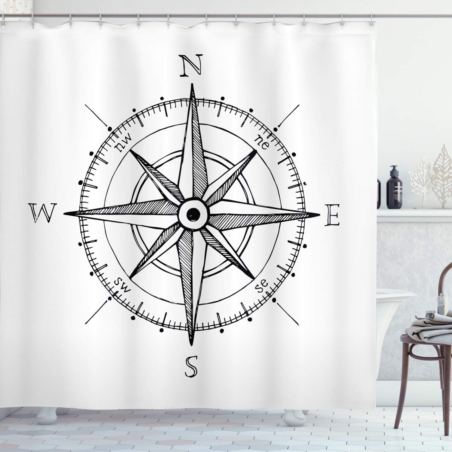 ABAKUHAUS Compass Shower Curtain, Hand Drawn Compass Windrose North and South East West Directions Black and White, Cloth Fabric Bathroom Decor Set with Hooks, 86 Inches Extra Long, Black White
