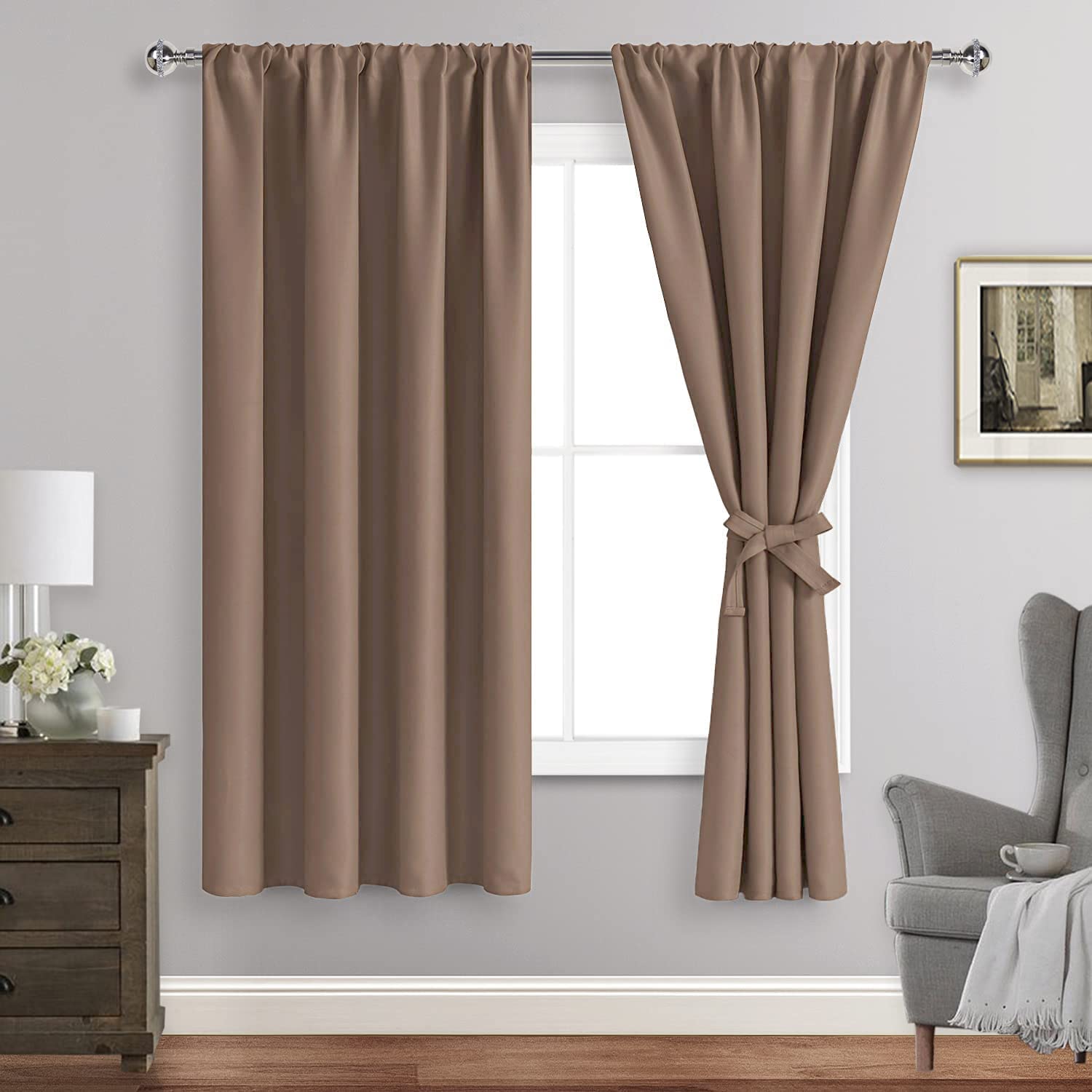 JIUZHEN Blackout Curtains for Bedroom - Thermal Insulated Room Darkening Rod Pocket Curtains for Living Room, Set of 2 Panels with Tiebacks, 38 x 63 Inch Length, Cappuccino Image