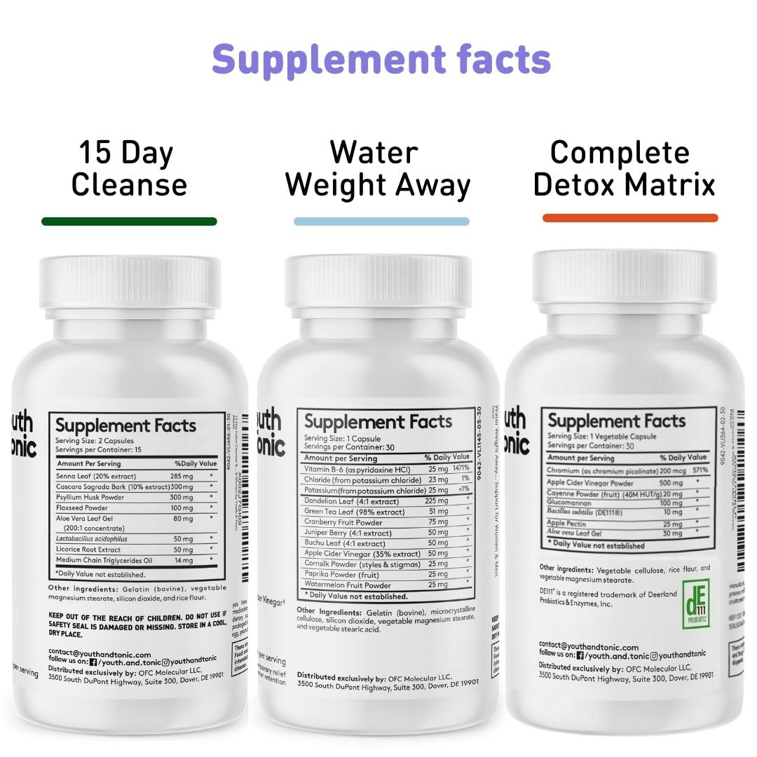 3pk Detox Cleanse Kick Off Weight Management | Colon Cleanser + Water Loss Pills w Dandelion + ACV Full Body Detox + Probiotics | for Flat Stomach, Waistline, Metabolism, Bloating – 90 Pills